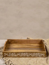 Brown and White Acacia Wood Tray (L-18in, W-12in, H-3in) - J.L.HOME DECOR
