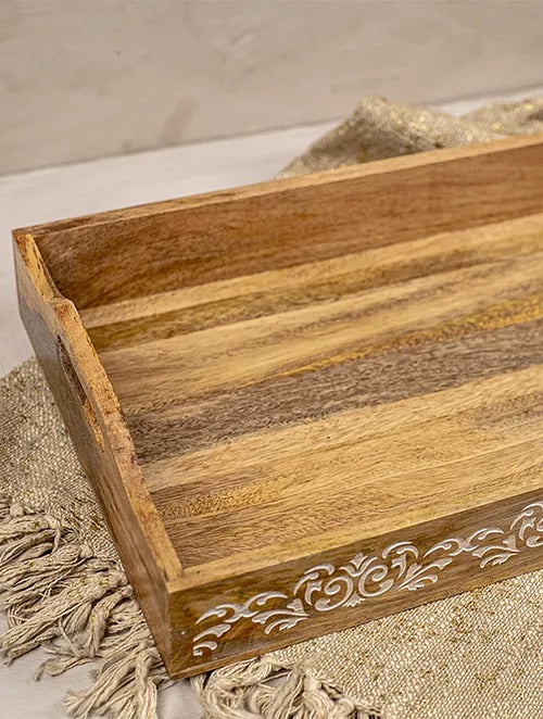Brown and White Acacia Wood Tray (L-18in, W-12in, H-3in) - J.L.HOME DECOR