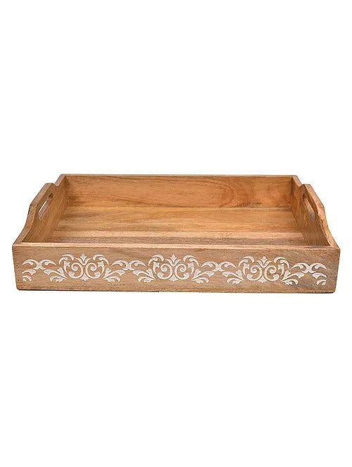 Brown and White Acacia Wood Tray (L-18in, W-12in, H-3in) - J.L.HOME DECOR