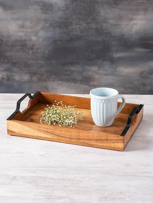 Brown and Black Acacia Wood Serving Tray (L-14in, W-10in) - J.L.HOME DECOR
