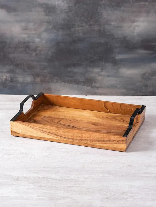 Brown and Black Acacia Wood Serving Tray (L-14in, W-10in) - J.L.HOME DECOR