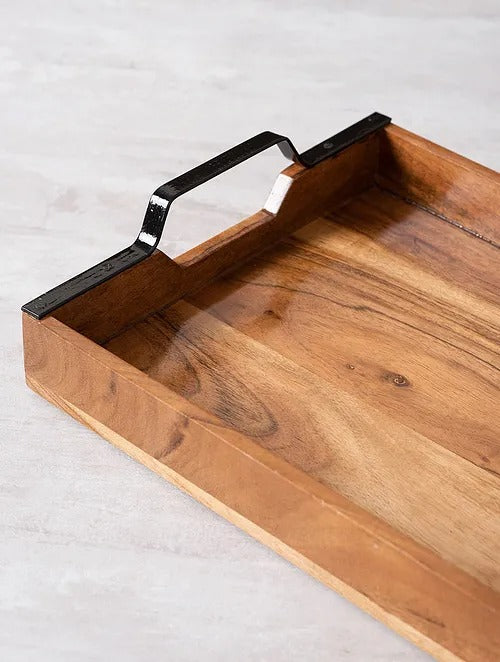 Brown and Black Acacia Wood Serving Tray (L-14in, W-10in) - J.L.HOME DECOR