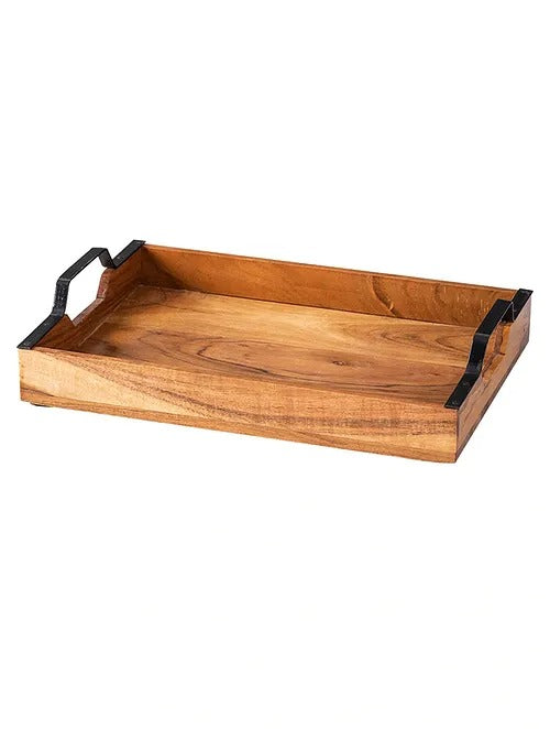 Brown and Black Acacia Wood Serving Tray (L-14in, W-10in) - J.L.HOME DECOR