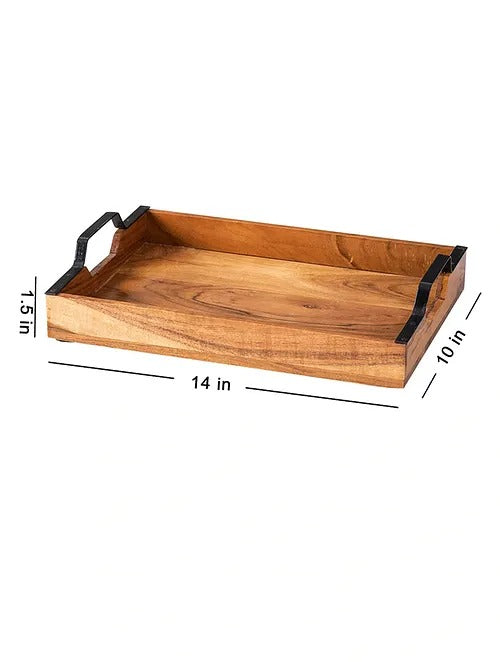 Brown and Black Acacia Wood Serving Tray (L-14in, W-10in) - J.L.HOME DECOR