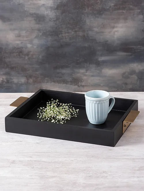 Gold and Black Teak Wood Serving Tray (L-17.15in, W-12in) - J.L.HOME DECOR