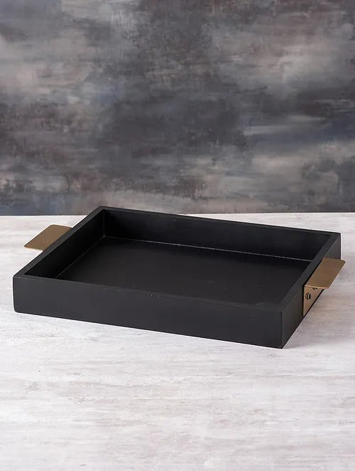 Gold and Black Teak Wood Serving Tray (L-17.15in, W-12in) - J.L.HOME DECOR