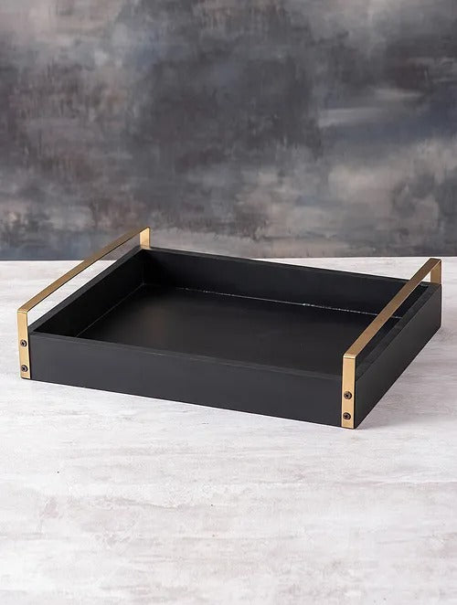 Black and Gold Serving Tray (L-17.15in, W-12in) - J.L.HOME DECOR