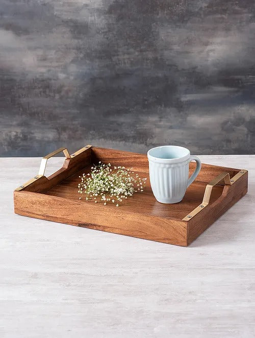 Brown and Gold Teak Wood Serving Tray (L-15in, W-12in) - J.L.HOME DECOR