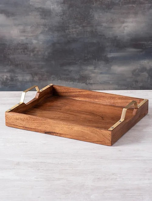 Brown and Gold Teak Wood Serving Tray (L-15in, W-12in) - J.L.HOME DECOR