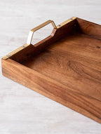 Brown and Gold Teak Wood Serving Tray (L-15in, W-12in) - J.L.HOME DECOR