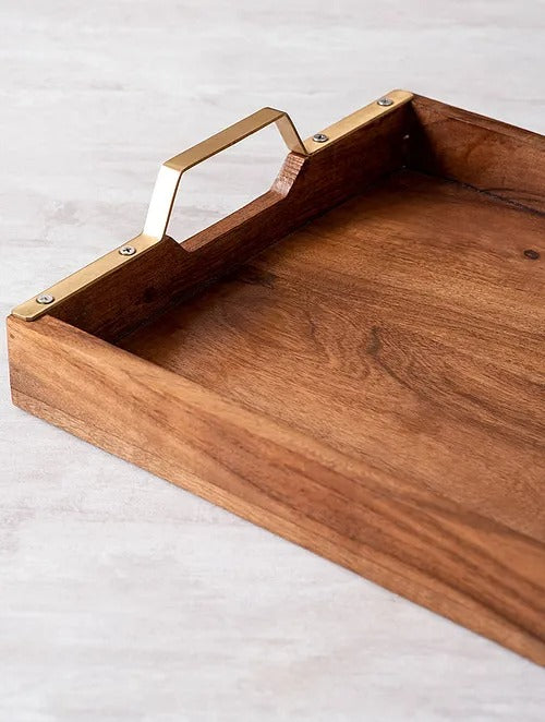 Brown and Gold Teak Wood Serving Tray (L-15in, W-12in) - J.L.HOME DECOR
