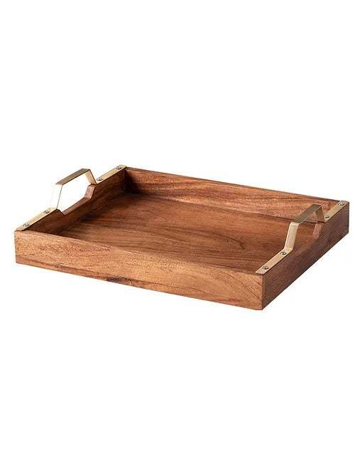 Brown and Gold Teak Wood Serving Tray (L-15in, W-12in) - J.L.HOME DECOR