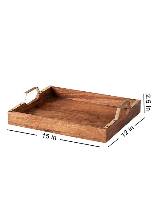 Brown and Gold Teak Wood Serving Tray (L-15in, W-12in) - J.L.HOME DECOR