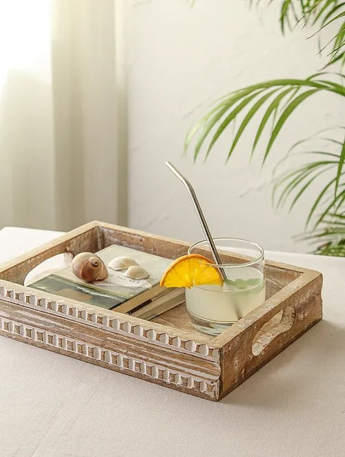 White Wood Shankh Tray (L-8.27in, W-12.2in) - J.L.HOME DECOR