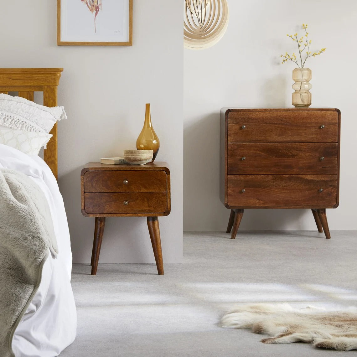 Solid Mango Wood Bedside Table with Natural Finish - J.L.HOME DECOR
