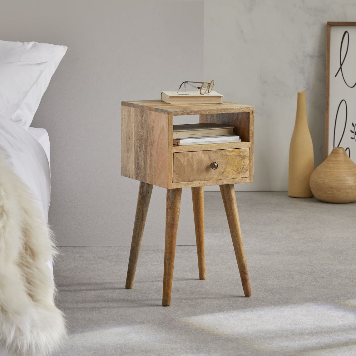 Small & Narrow Bedside Table in Natural Finish - J.L.HOME DECOR