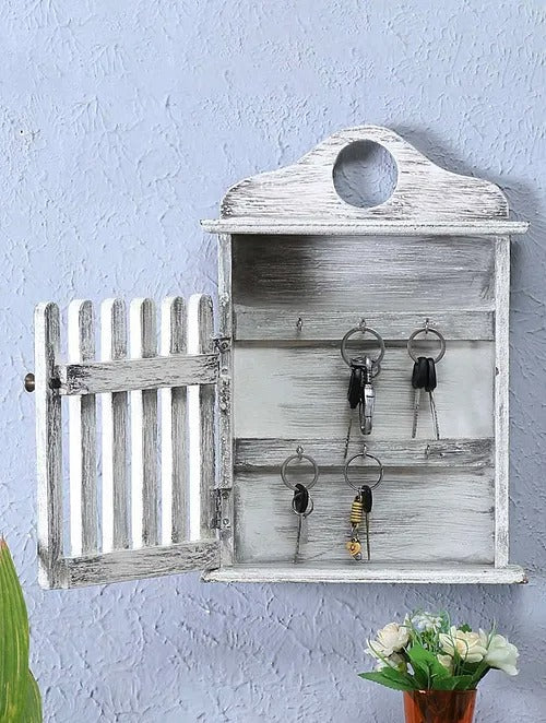 House of Keys Distressed White Handcrafted Mango Wood Key Holder (10in x 14in) - J.L.HOME DECOR