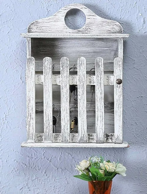 House of Keys Distressed White Handcrafted Mango Wood Key Holder (10in x 14in) - J.L.HOME DECOR